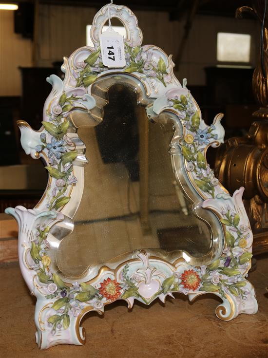 German flower encrusted porcelain easel mirror(-)